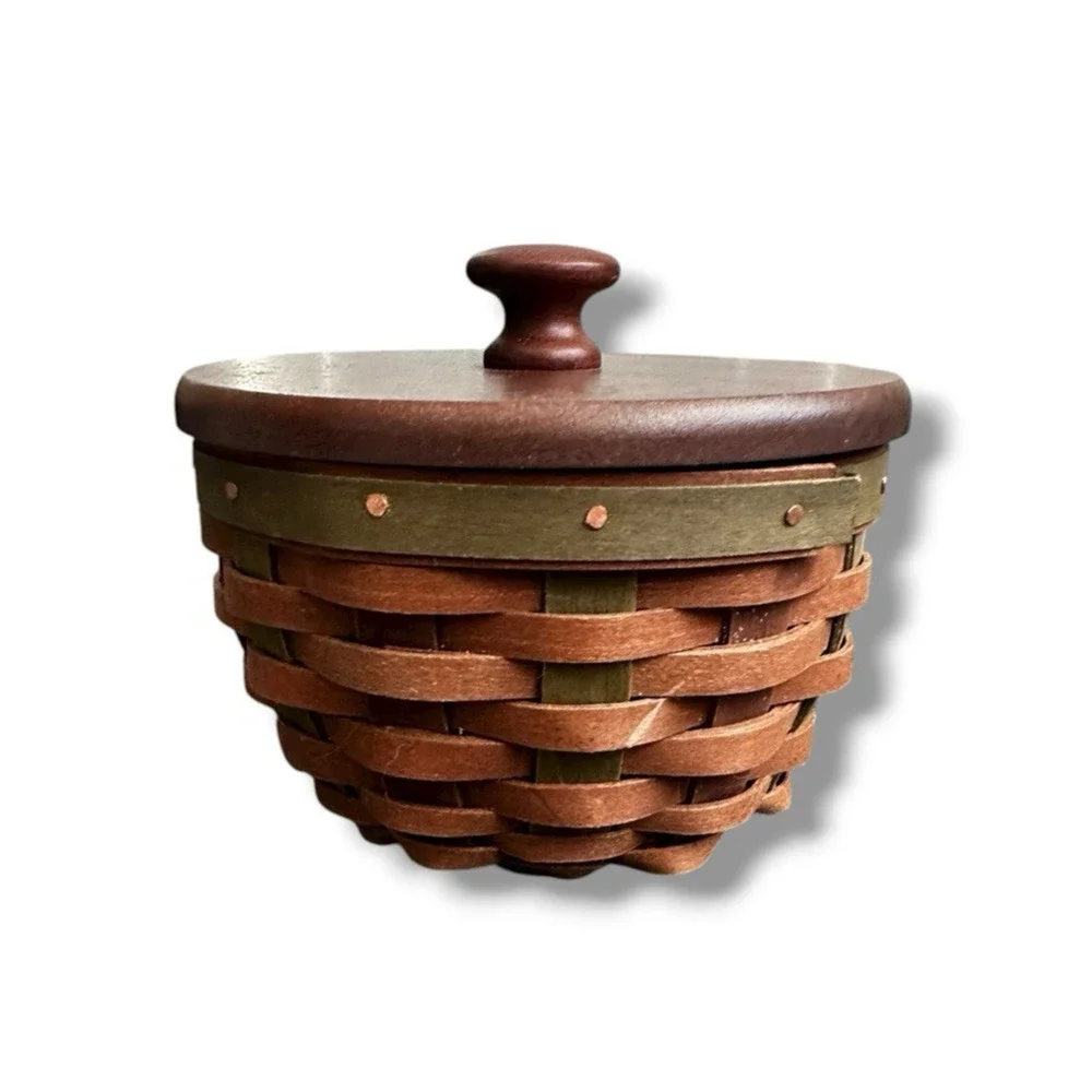 Longaberger Vintage Warm Brown Green Splint Small Bowl Basket Lid & Protector